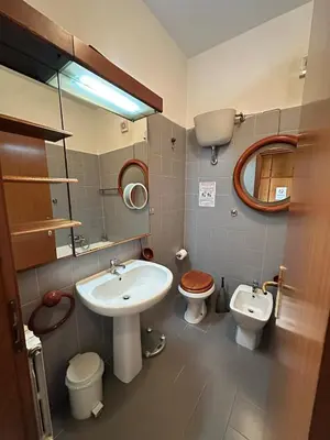 a bathroom with a sink and a toilet and a mirror at 6 people, 3 parking spot, balconies, Metro B in Rome