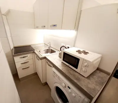 a small kitchen with a sink and a microwave at Caprareccia Apartment in Rome