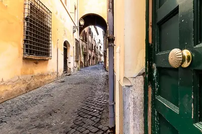 an alley way with a green door and an archway at Luxury Loft Campo Dè Fiori in Rome