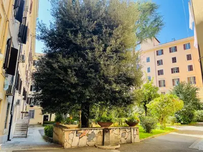 a tree in a stone wall in front of a building at Il Cortile del 900 in Rome
