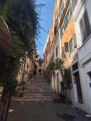a stairway in an alley between buildings with palm trees at Colosseum Studio Flat blue in Rome