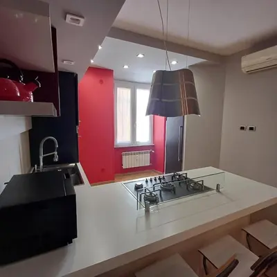 a kitchen with a stove and a red wall at Apt Osci in Rome