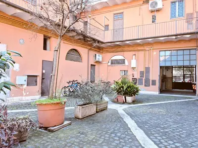 a courtyard with potted plants in front of a building at Appartamento elegante con terrazzino a San Lorenzo in Rome