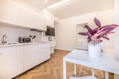 a kitchen with white cabinets and a white table with a plant at Domvs Romana in Rome