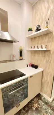 a kitchen with white counters and shelves with plants at Rome Center Bello Loft in Rome