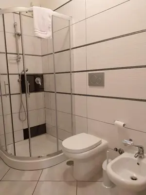 a bathroom with a shower and a toilet and a sink at Casa Carlo in Rome