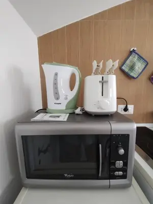 a microwave with two toasters on top of it at Il Mulo Volante - Panoramico attico con terrazzo a Trastevere in Rome