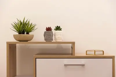 a shelf with two plants and two vases on it at Central Modern Apartment - Trastevere & Vaticano in Rome