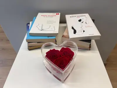 a heart shaped vase with red roses on a table with books at Suite dell'Arte - Metro linea A in Rome