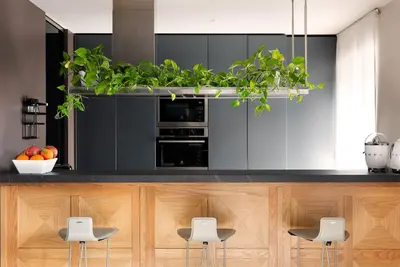 a kitchen with a black counter with a bunch of plants at Idyllia - Borgognona luxury home in Rome