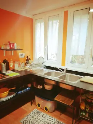 a kitchen with a sink and two windows at A CASA di BICE in Rome