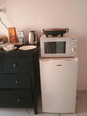 a microwave sitting on top of a refrigerator at Arneil Rooms Rome in Rome