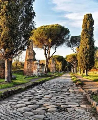 a cobblestone street with trees on either side at Attico Porta Furba Rome in Rome