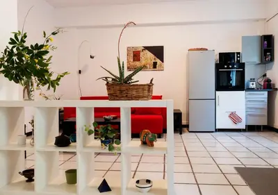 a kitchen with a white table with a plant on it at Plumeria Bianca in Rome