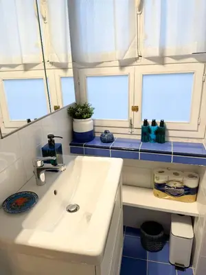 a bathroom with a sink and two windows at Diana's Loft in Rome