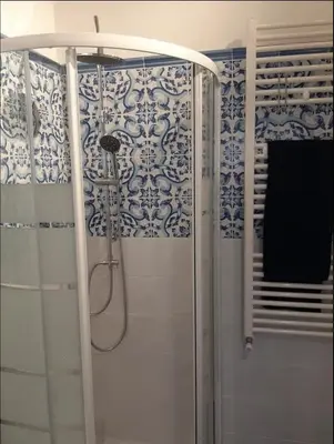 a shower in a bathroom with blue and white wallpaper at Diana's Loft in Rome