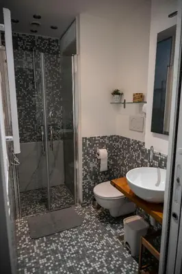 a bathroom with a shower and a toilet and a sink at Maison Monteverde, Trastevere in Rome