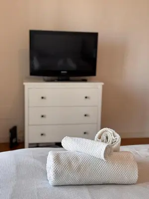 a bedroom with a bed with a dresser and a tv at Alberto's panoramic flat in Rome