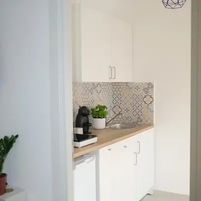 a kitchen with white cabinets and a plant on a counter at Augusto's House b&b in Rome