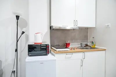 a small kitchen with a microwave and a sink at Lion Renting Vatican Apartment in Rome