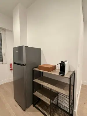 a kitchen with a refrigerator and a microwave on a shelf at Vita Lux Vatican Suites in Rome