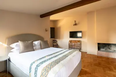 a bedroom with a large bed and a fireplace at Casa Maestro, a Burghesius home in Rome