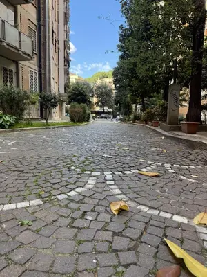 a cobblestone street with leaves on the ground at Sweet Life Monteverde in Rome