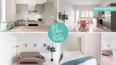 a kitchen and a living room with a bed and a table at Retrò Loft Ponte Milvio, Nearby Foro Italico in Rome