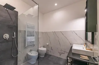 a bathroom with a shower and a toilet and a sink at EFFE 9 FLAMINIO Guest House in Rome-Vatican City in Rome