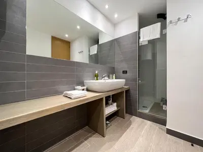 a bathroom with a sink and a shower at Loft Lumineux à Trastevere in Rome