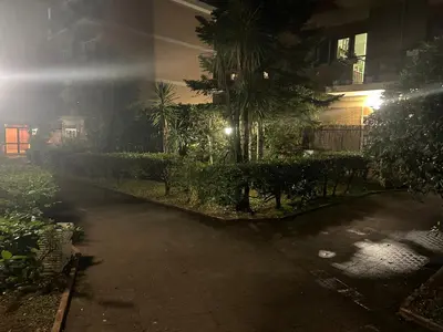 a foggy street with a building and palm trees at Trecento7Flat in Rome