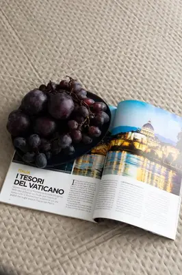 a magazine with a picture of a bunch of grapes at Vittoria C Elegant Apt Near Vatican & Dome View in Rome