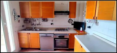 a small kitchen with wooden cabinets and a sink at Il Cupolone in Pineta - Two steps in the pinewood towards the Vatican! in Rome