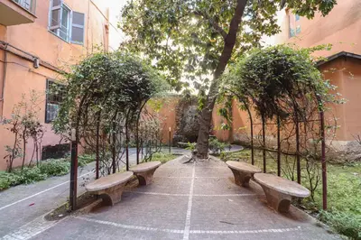 a group of benches sitting under a tree at Lux San Pietro Apartment in Rome