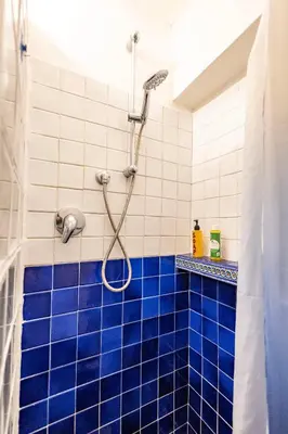 a shower with blue tiles in a bathroom at old town Holy Door of Santa Maria Maggiore in Rome