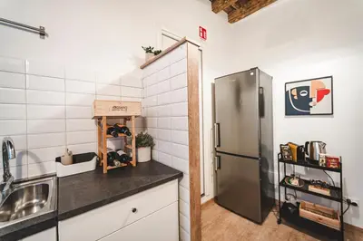 a kitchen with a stainless steel refrigerator next to a sink at Fancy Colosseum - Best location in Rome