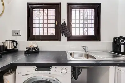 a kitchen with a sink and a washing machine at Trastevere Piazza Trilussa Royal Orchid apartment in Rome