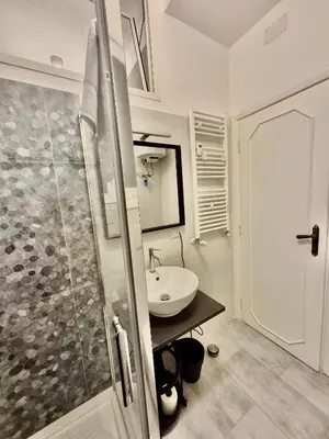 a white bathroom with a sink and a shower at Edo's Rhome in Rome