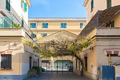 a building with a tree in the middle of a street at Aly Apartment in Vatican in Rome