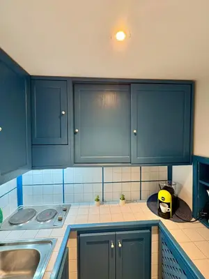 a kitchen with blue cabinets and a sink at Trastevere Loft garden in Rome