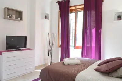 a bedroom with a bed with purple curtains and a tv at Holy Vatican Home in Rome