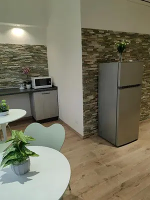 a kitchen with a refrigerator in a room with a table at B&B Gregorio VII in Rome