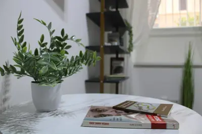 a book sitting on a table next to a potted plant at Apartment near the Vatican in Rome