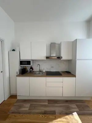 a white kitchen with a sink and a refrigerator at Domus Romana Prati in Rome