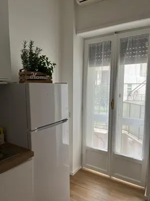 a kitchen with a white refrigerator and a window at The Rose Apt in Rome