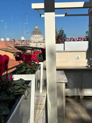 a view of the vatican from a balcony with red roses at La terrazza di Vanessa in Rome