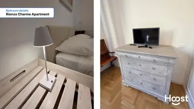 a bedroom with a bed and a dresser with a tv on it at Rienzo Charme Apartment in Rome