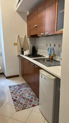 a kitchen with wooden cabinets and a white refrigerator at Retroflatsanlorenzo in Rome