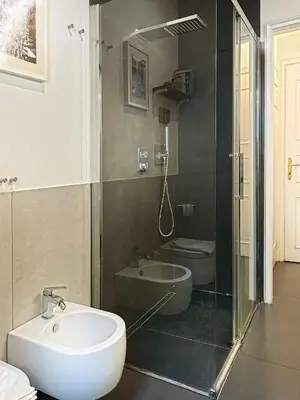 a bathroom with a shower and a sink and a toilet at Domus Trevis in Rome