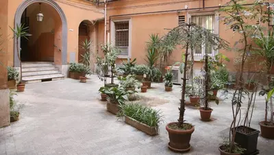 a courtyard full of potted plants in a building at Emma and Livia's Vatican Suite 2 in Rome